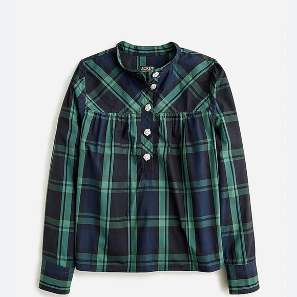J. Crew Tops - NWT J. Crew Women’s Fresco Top with Jewel Buttons Black Watch Tartan Holiday